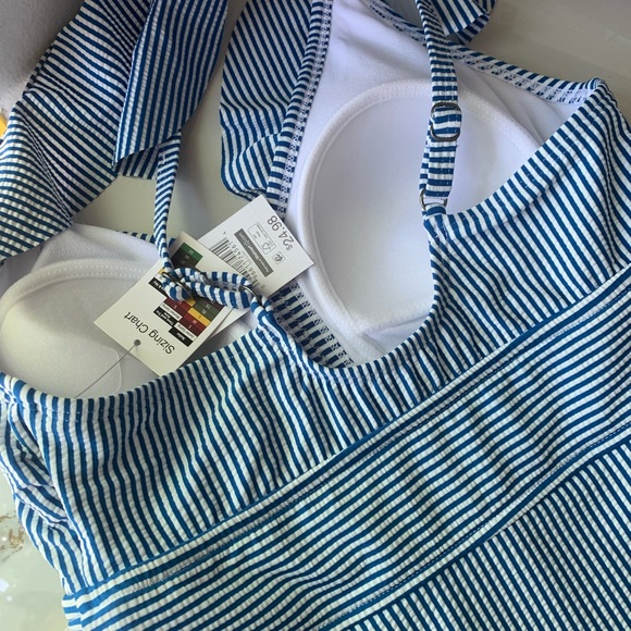 Blue and white Striped Ruffle Trim One Piece Swimsuit - Picture 4 of 6